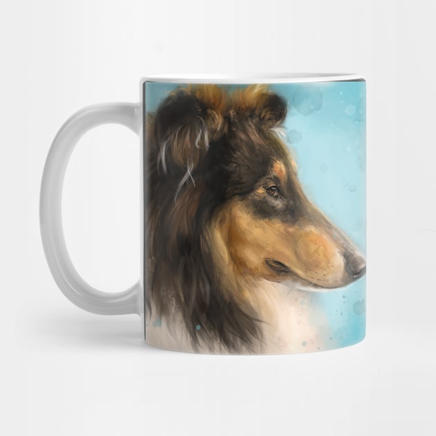 Painting of a Three Colored Collie Dog on Blue Background by ibadishi